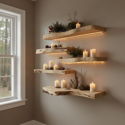 Driftwell live edge wood floating shelf in Oak finish with organic live edge front and clean floating profile in a