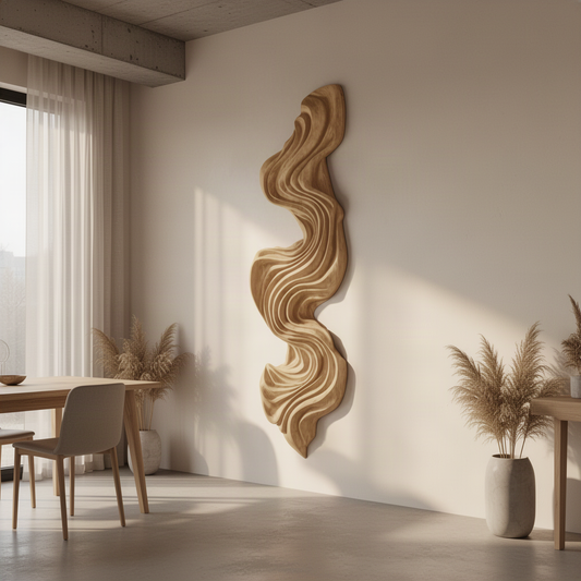 Aurelle sculptural wood wall art panel in Oak finish with hand-carved flowing wave relief in a modern home