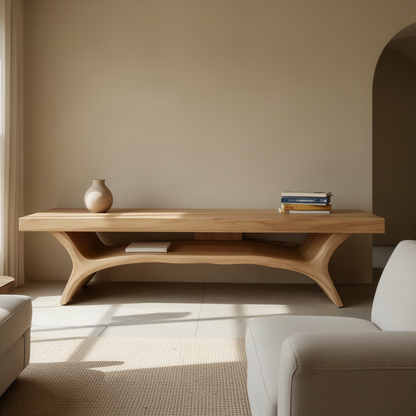 Solenne sculptural wood TV stand in Oak finish with organic sculpted form and open storage shelf in a modern home