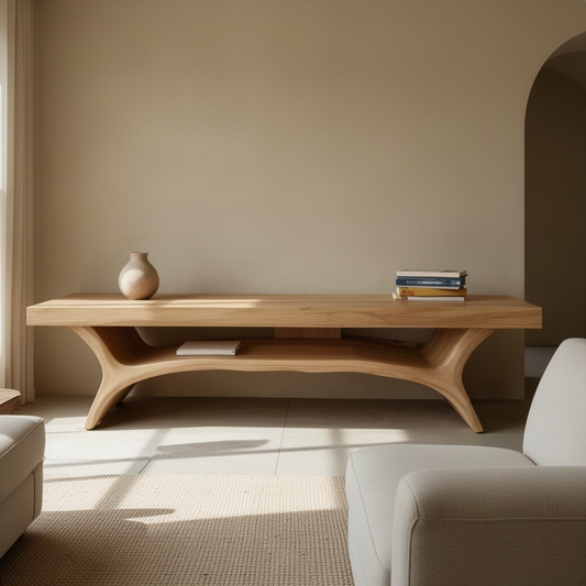 Solenne sculptural wood TV stand in Oak finish with organic sculpted form and open storage shelf in a modern home