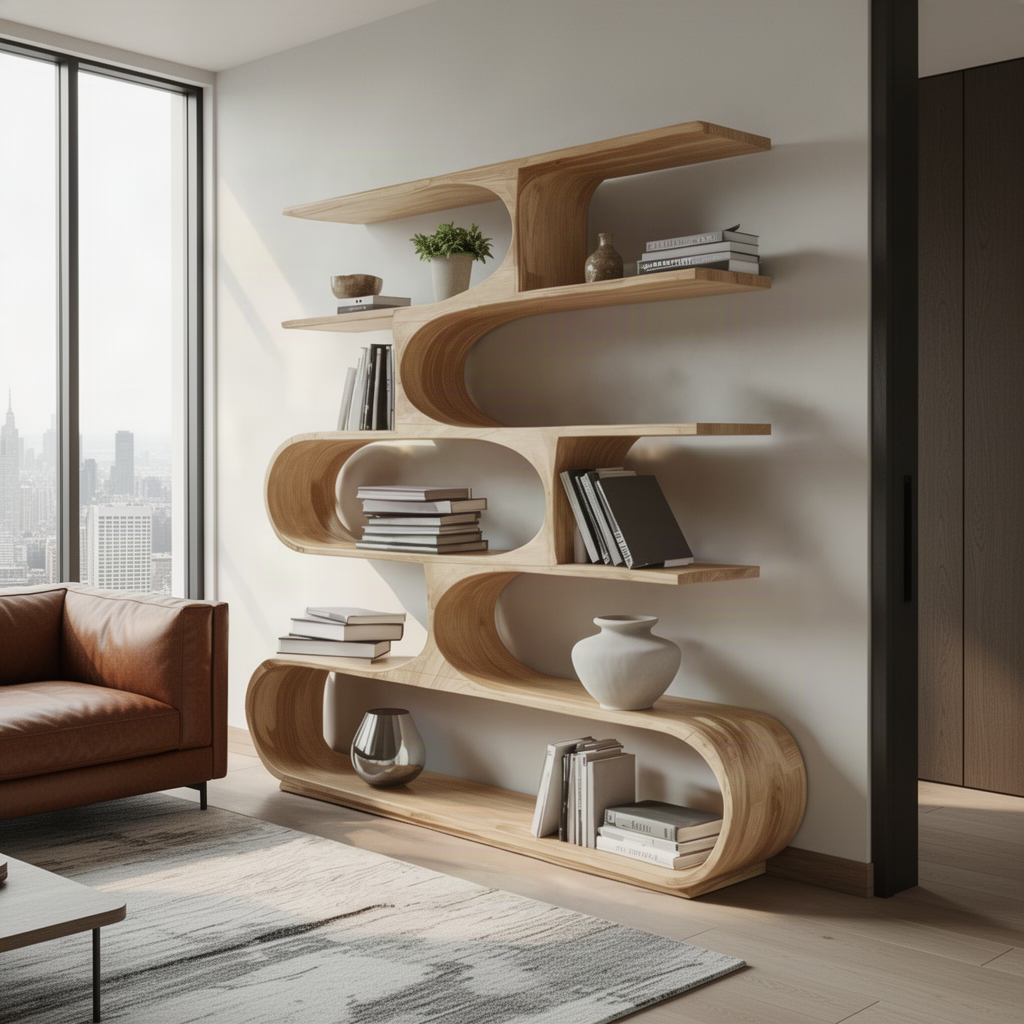 Swayline sculptural wood bookcase in Oak finish with curved open shelves in a modern home