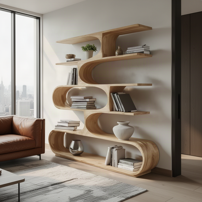Swayline sculptural wood bookcase in Oak finish with curved open shelves in a modern home