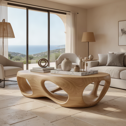 Flowform sculptural wood coffee table in Oak finish with flowing organic form in a modern home