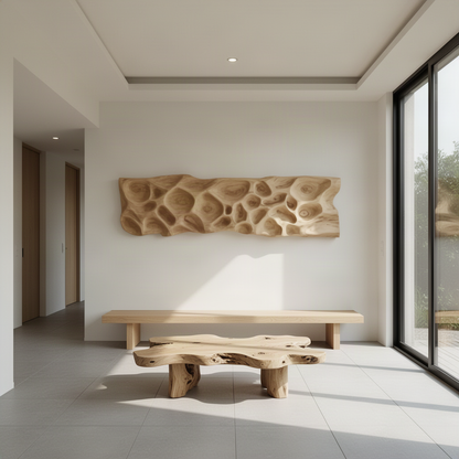 Riverstone sculptural wood wall art panel in Oak finish with carved river stone relief in a modern home
