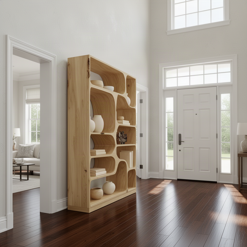 Calyra sculptural wood bookcase in Oak finish with curved open display shelves in a modern home