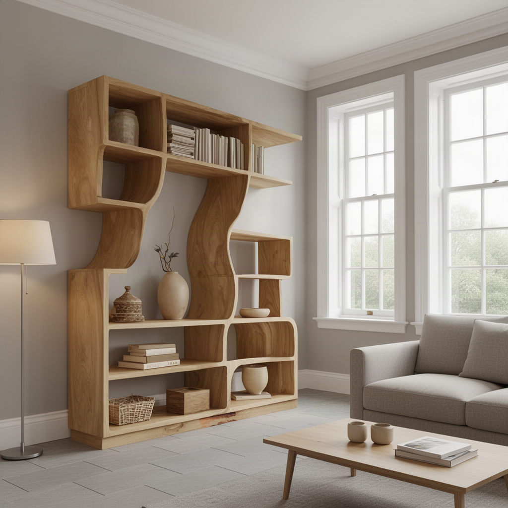 Verdane sculptural wood bookshelf in Oak finish with flowing curved open shelves in a modern home