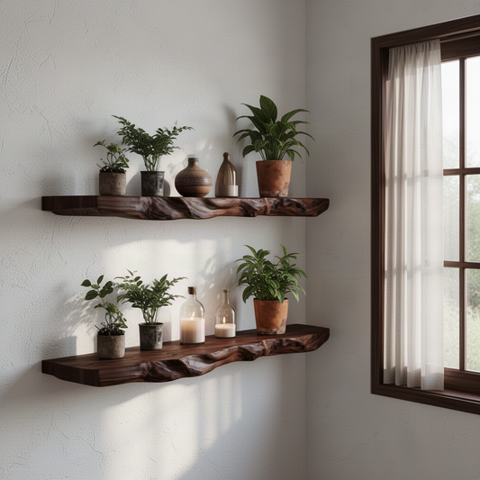 Timberline live edge wood floating shelf in Walnut finish with natural live edge and solid wood grain in a modern home