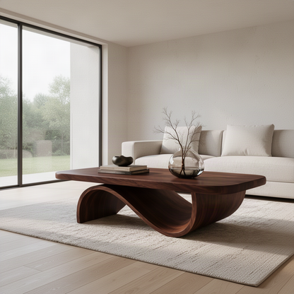 Ribbon Arc sculptural wood coffee table in Walnut finish with arched ribbon-like base in a modern home