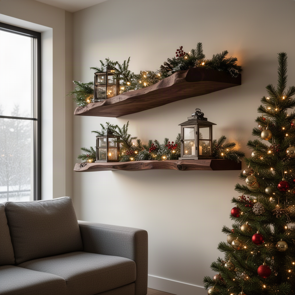 Grainwood live edge wood floating shelf in Walnut finish with handcrafted live edge and rich natural grain in a modern