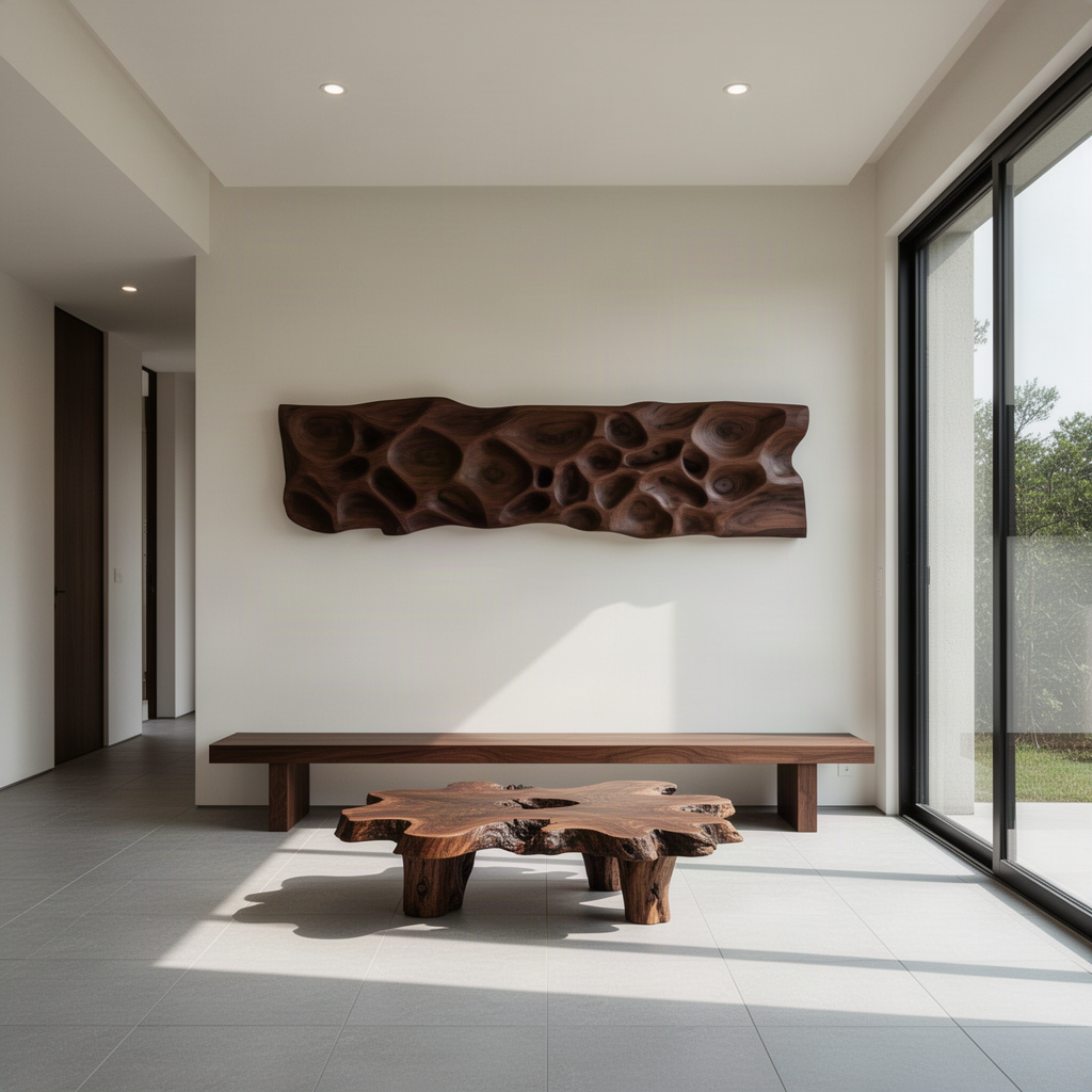 Riverstone sculptural wood wall art panel in Walnut finish with carved river stone relief in a modern home