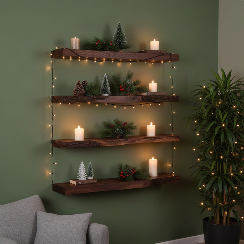 Driftwell live edge wood floating shelf in Walnut finish with organic live edge front and clean floating profile in a