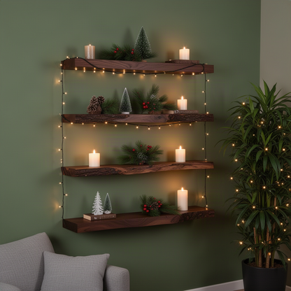 Driftwell live edge wood floating shelf in Walnut finish with organic live edge front and clean floating profile in a