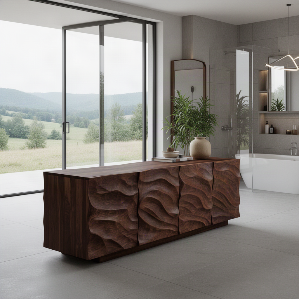 Wavora sculptural wood sideboard in Walnut finish with carved wave doors in a modern home