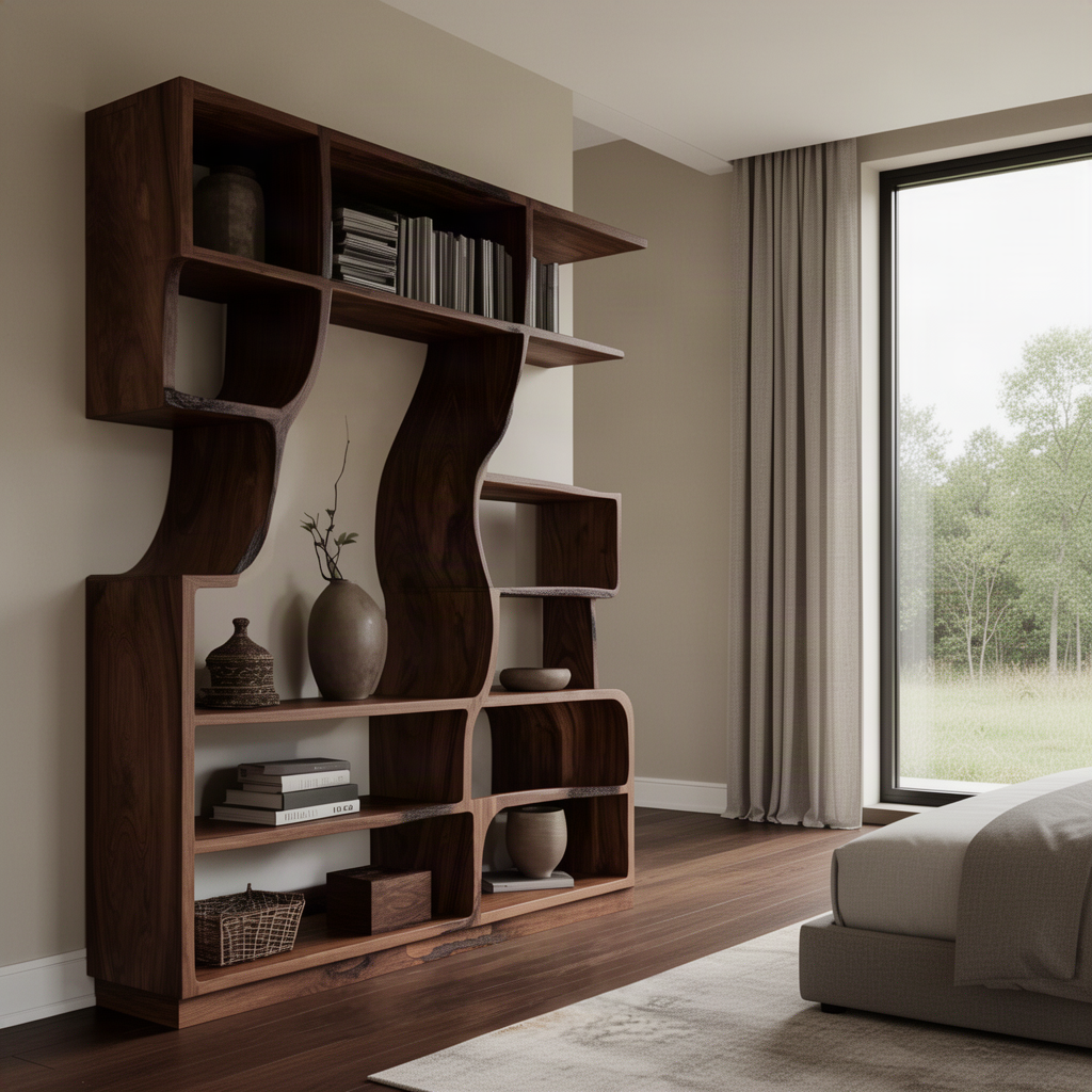 Verdane sculptural wood bookshelf in Walnut finish with flowing curved open shelves in a modern home