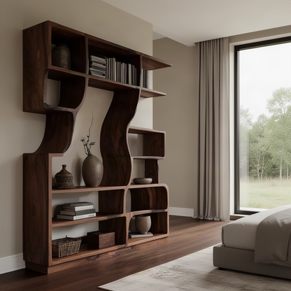Verdane sculptural wood bookshelf in Walnut finish with flowing curved open shelves in a modern home