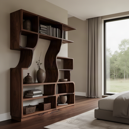Verdane sculptural wood bookshelf in Walnut finish with flowing curved open shelves in a modern home