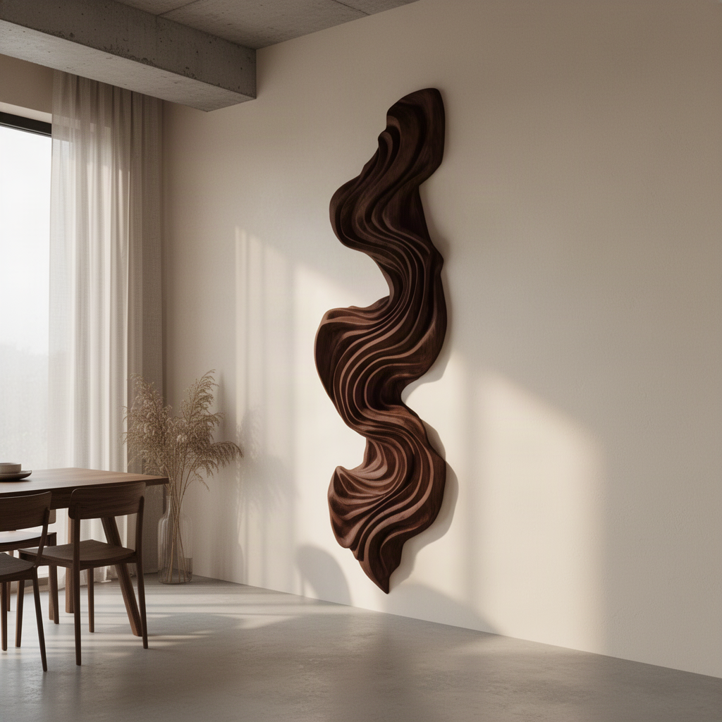 Aurelle sculptural wood wall art panel in Walnut finish with hand-carved flowing wave relief in a modern home