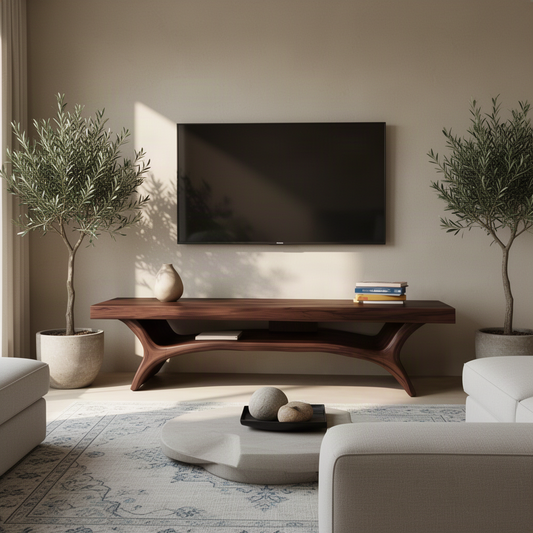 Solenne sculptural wood TV stand in Walnut finish with organic sculpted form and open storage shelf in a modern home