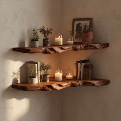 Timberline live edge wood floating shelf in Brown finish with natural live edge and solid wood grain in a modern home