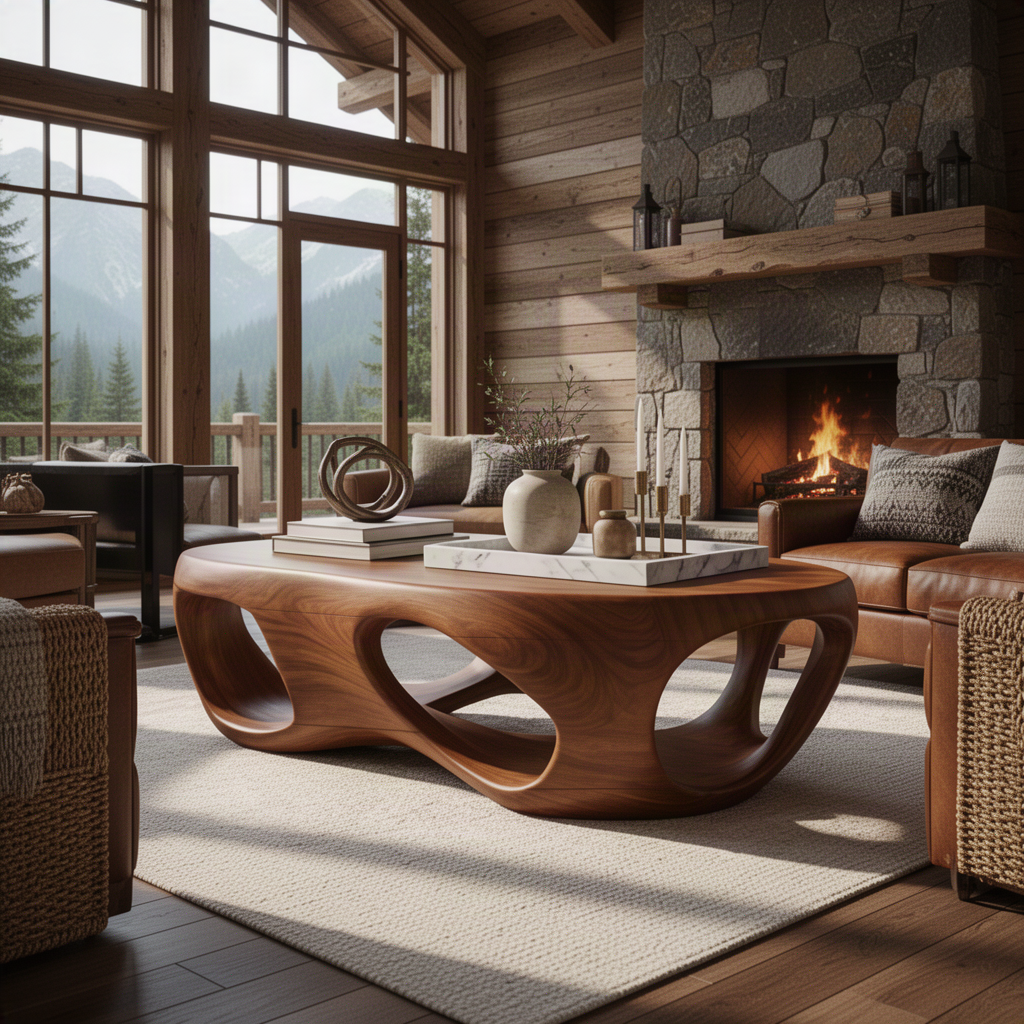 Flowform sculptural wood coffee table in Brown finish with flowing organic form in a modern home