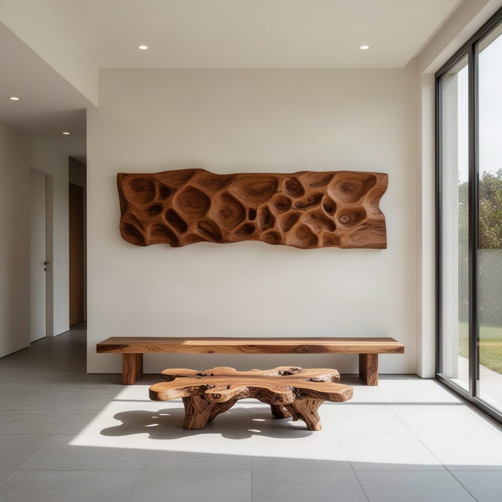 Riverstone sculptural wood wall art panel in Brown finish with carved river stone relief in a modern home