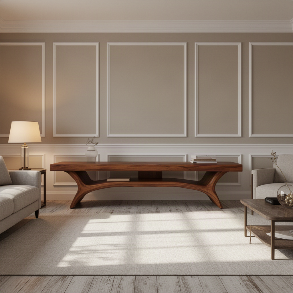 Solenne sculptural wood TV stand in Brown finish with organic sculpted form and open storage shelf in a modern home