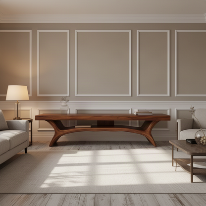 Solenne sculptural wood TV stand in Brown finish with organic sculpted form and open storage shelf in a modern home