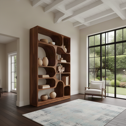 Calyra sculptural wood bookcase in Brown finish with curved open display shelves in a modern home