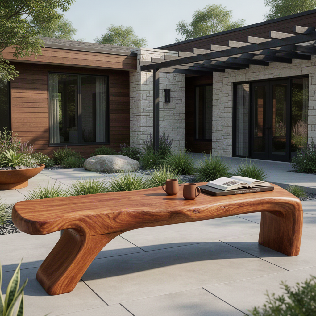 Terrava sculptural live edge wood bench in Brown finish with asymmetrical seat and curved supports