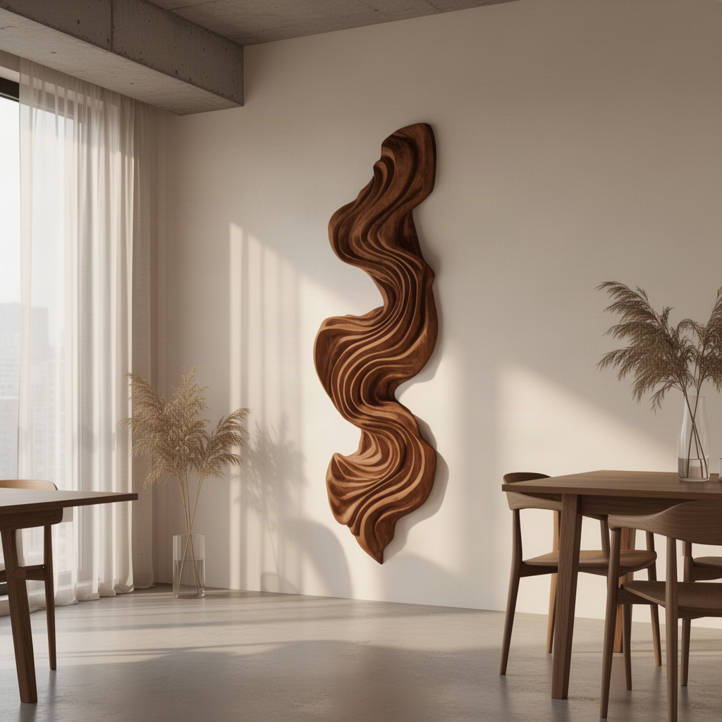 Aurelle sculptural wood wall art panel in Brown finish with hand-carved flowing wave relief in a modern home
