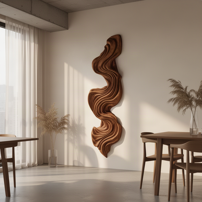 Aurelle sculptural wood wall art panel in Brown finish with hand-carved flowing wave relief in a modern home