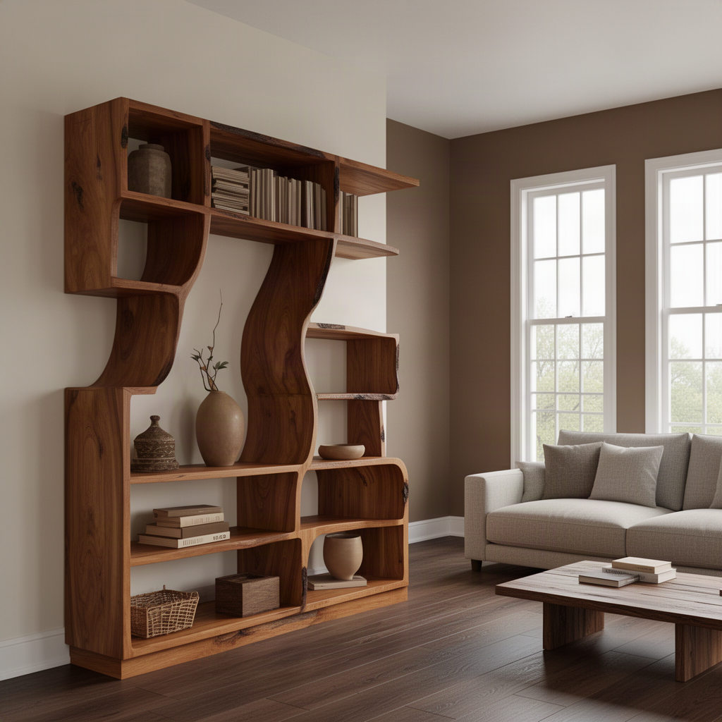 Verdane sculptural wood bookshelf in Brown finish with flowing curved open shelves in a modern home