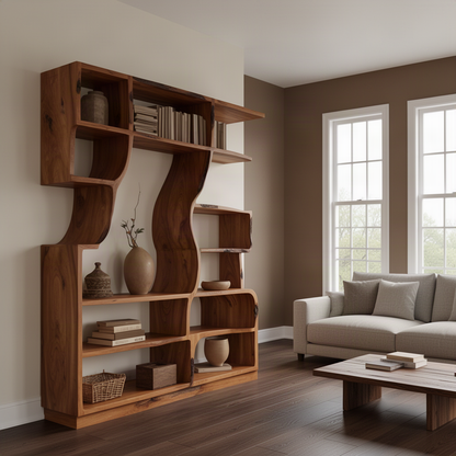 Verdane sculptural wood bookshelf in Brown finish with flowing curved open shelves in a modern home