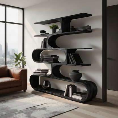 Swayline sculptural wood bookcase in Black finish with curved open shelves in a modern home