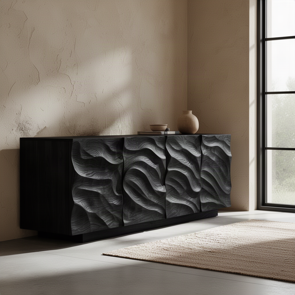 Wavora sculptural wood sideboard in Black finish with carved wave doors in a modern home