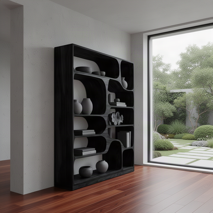 Calyra sculptural wood bookcase in Black finish with curved open display shelves in a modern home