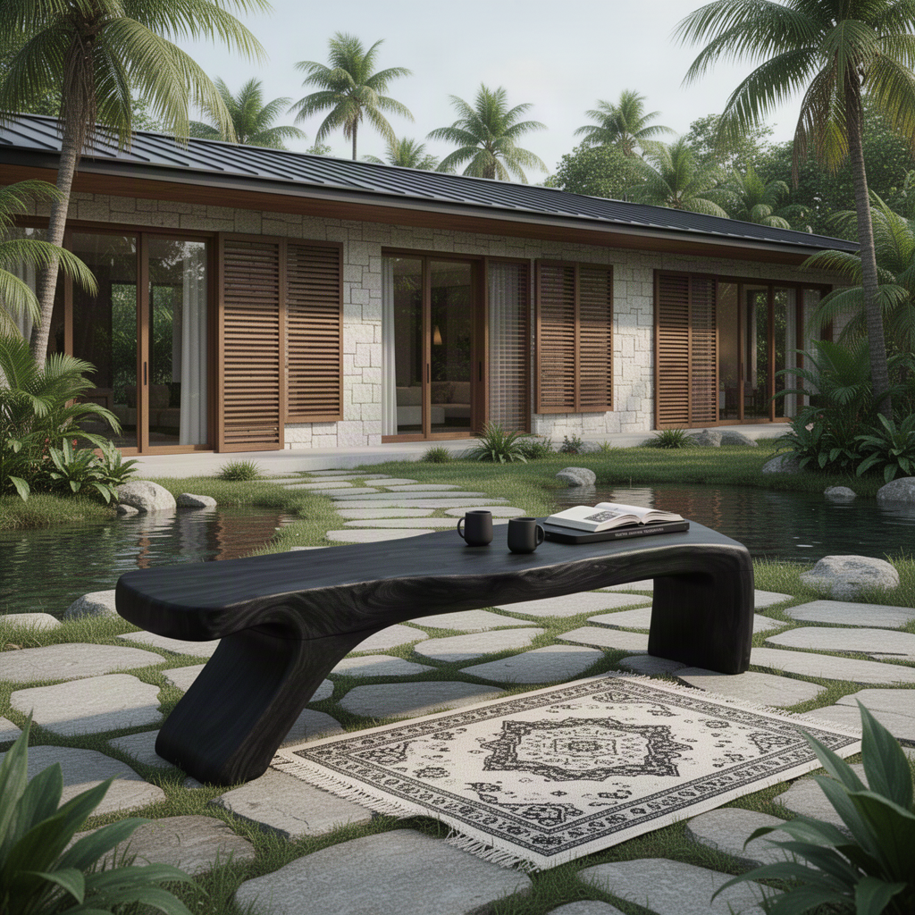Terrava sculptural live edge wood bench in Black with flowing seat and sculpted curved supports