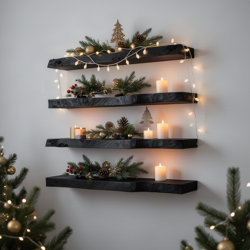 Driftwell live edge wood floating shelf in Black finish with organic live edge front and clean floating profile in a