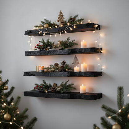 Driftwell live edge wood floating shelf in Black finish with organic live edge front and clean floating profile in a