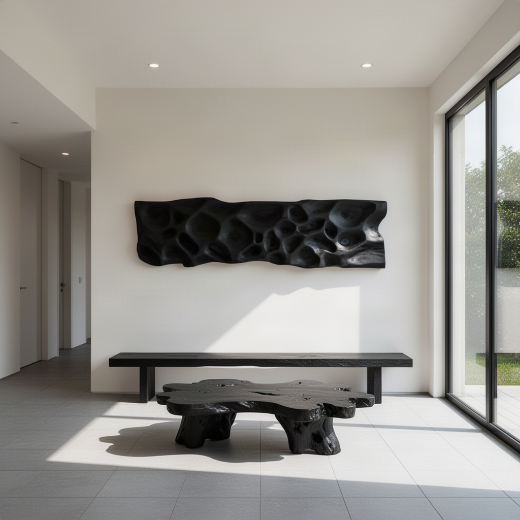 Riverstone sculptural wood wall art panel in Black finish with carved river stone relief in a modern home