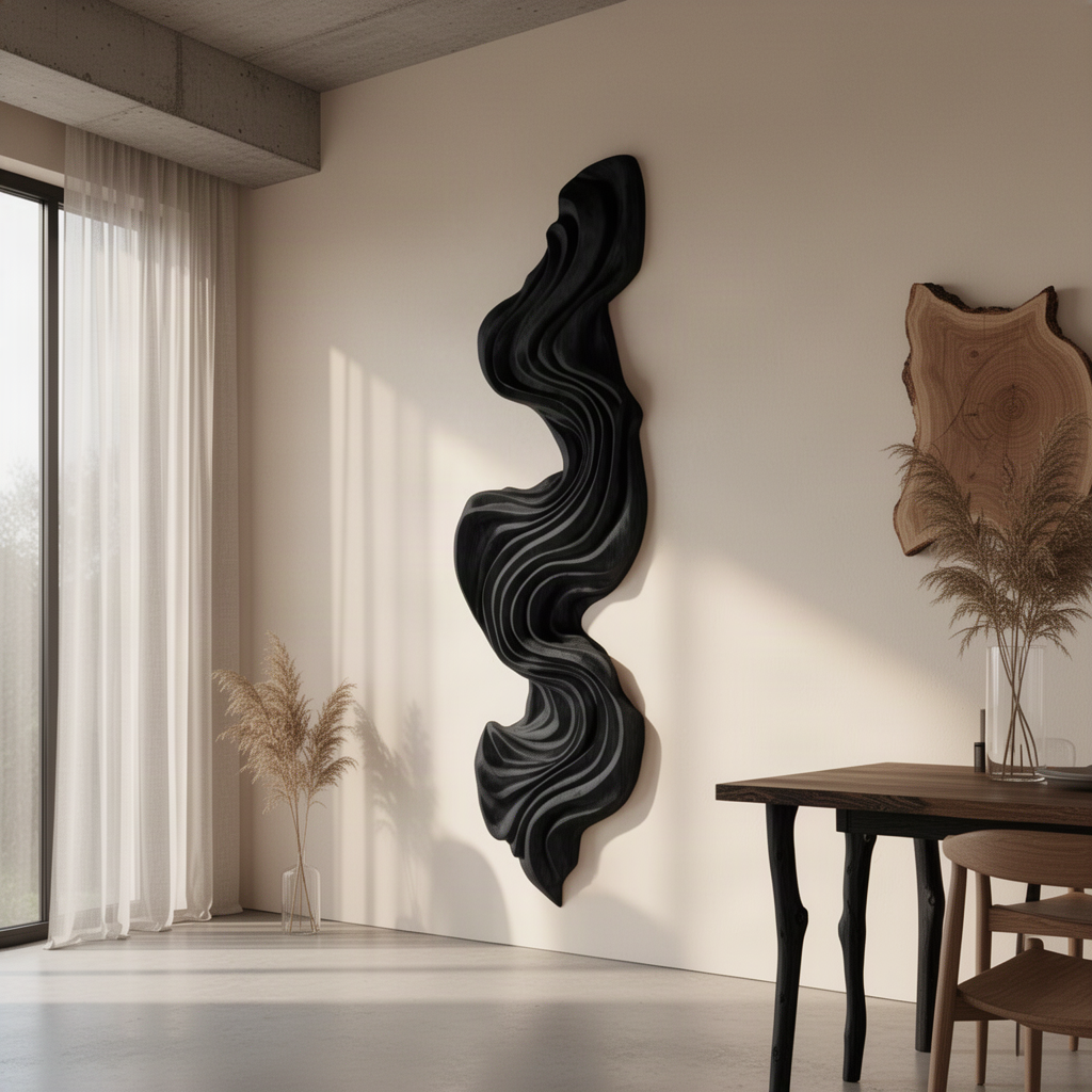 Aurelle sculptural wood wall art panel in Black finish with hand-carved flowing wave relief in a modern home