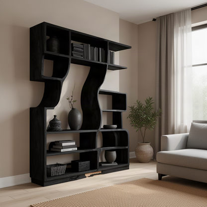 Verdane sculptural wood bookshelf in Black finish with flowing curved open shelves in a modern home