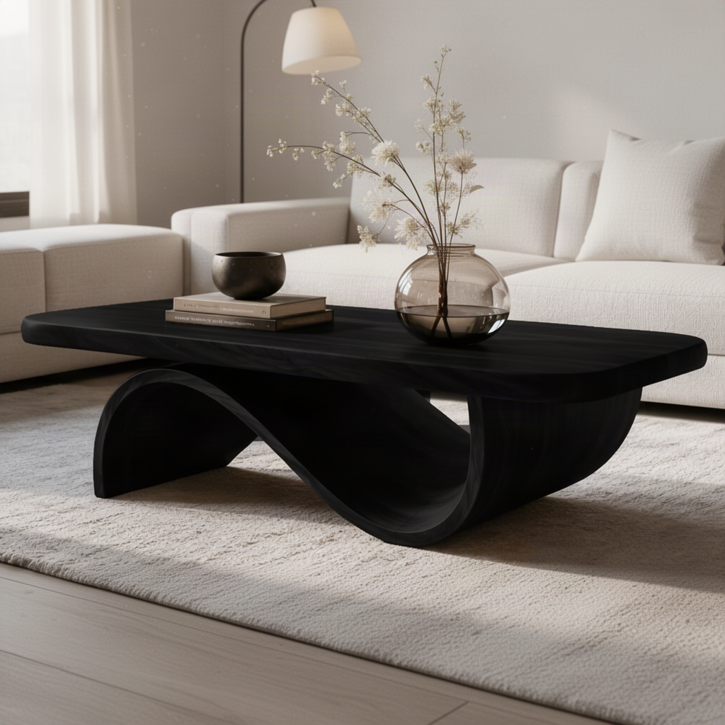 Ribbon Arc sculptural wood coffee table in Black finish with arched ribbon-like base in a modern home