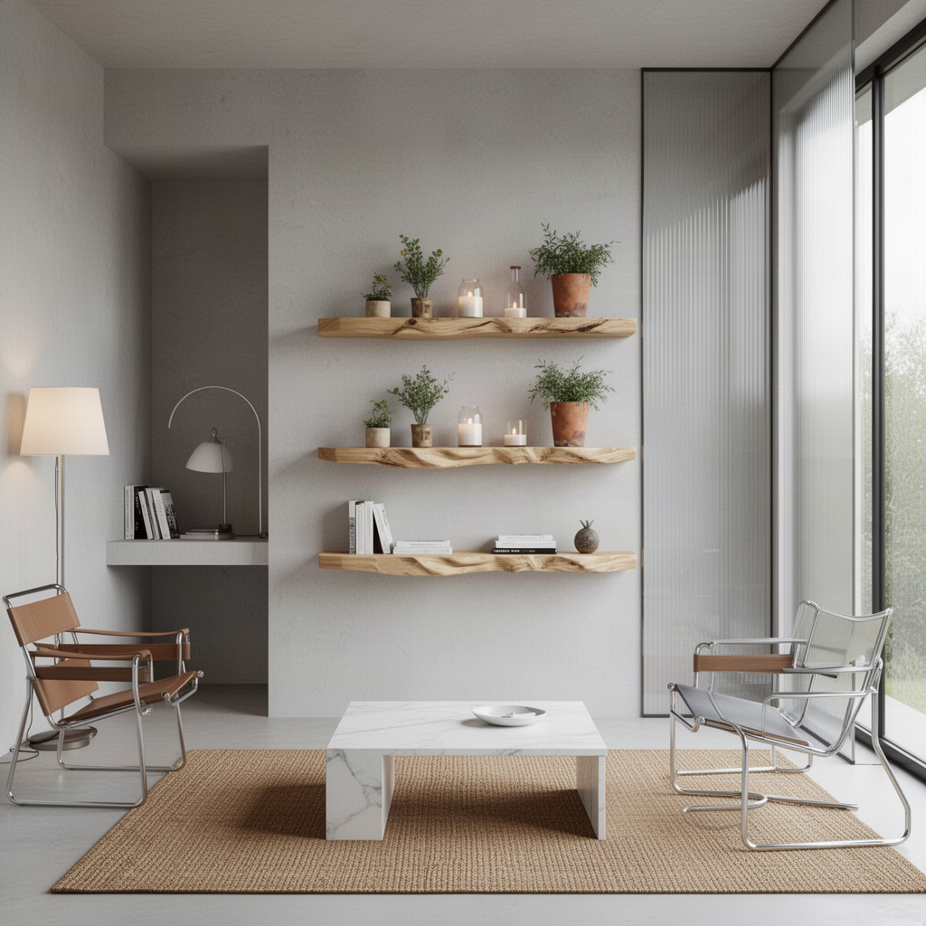Timberline live edge wood floating shelf styled in a modern interior, highlighting its natural live edge and solid wood