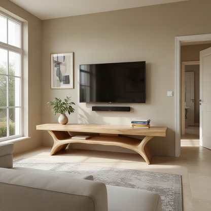 Solenne sculptural wood TV stand styled in a modern interior, highlighting its organic sculpted form and open storage