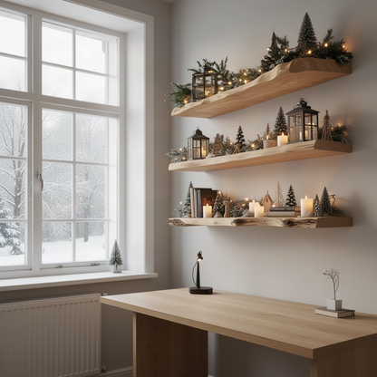 Grainwood live edge wood floating shelf styled in a modern interior, highlighting its handcrafted live edge and rich