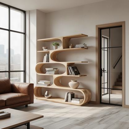 Swayline sculptural wood bookcase styled in a modern interior, highlighting its curved open shelves