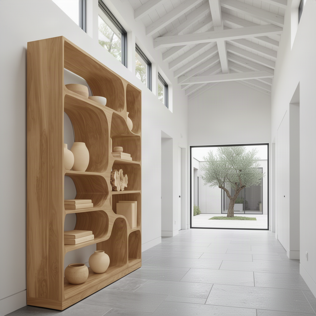 Calyra sculptural wood bookcase styled in a modern interior, highlighting its curved open display shelves