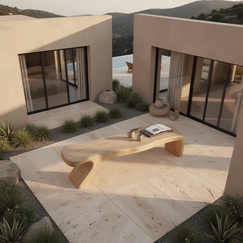 Terrava sculptural live edge wood bench in Oak with curved supports in a sunlit Mediterranean stone courtyard