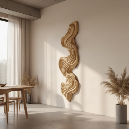 Aurelle sculptural wood wall art panel styled in a modern interior, highlighting its hand-carved flowing wave relief